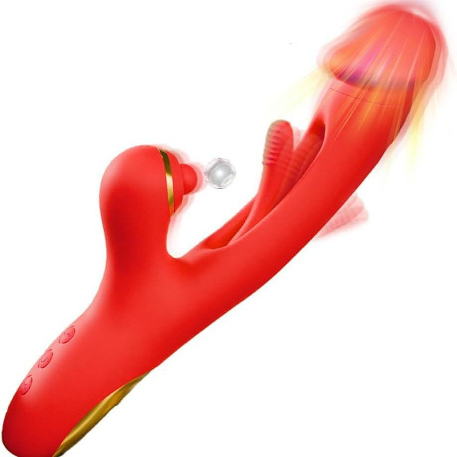 Vibrator cu Sucțiune și Stimulare Punctul G 3 În 1 cu 7 Frecvențe, Intens, Waterproof, Rosu, + Gel Lubrifiant 25ml